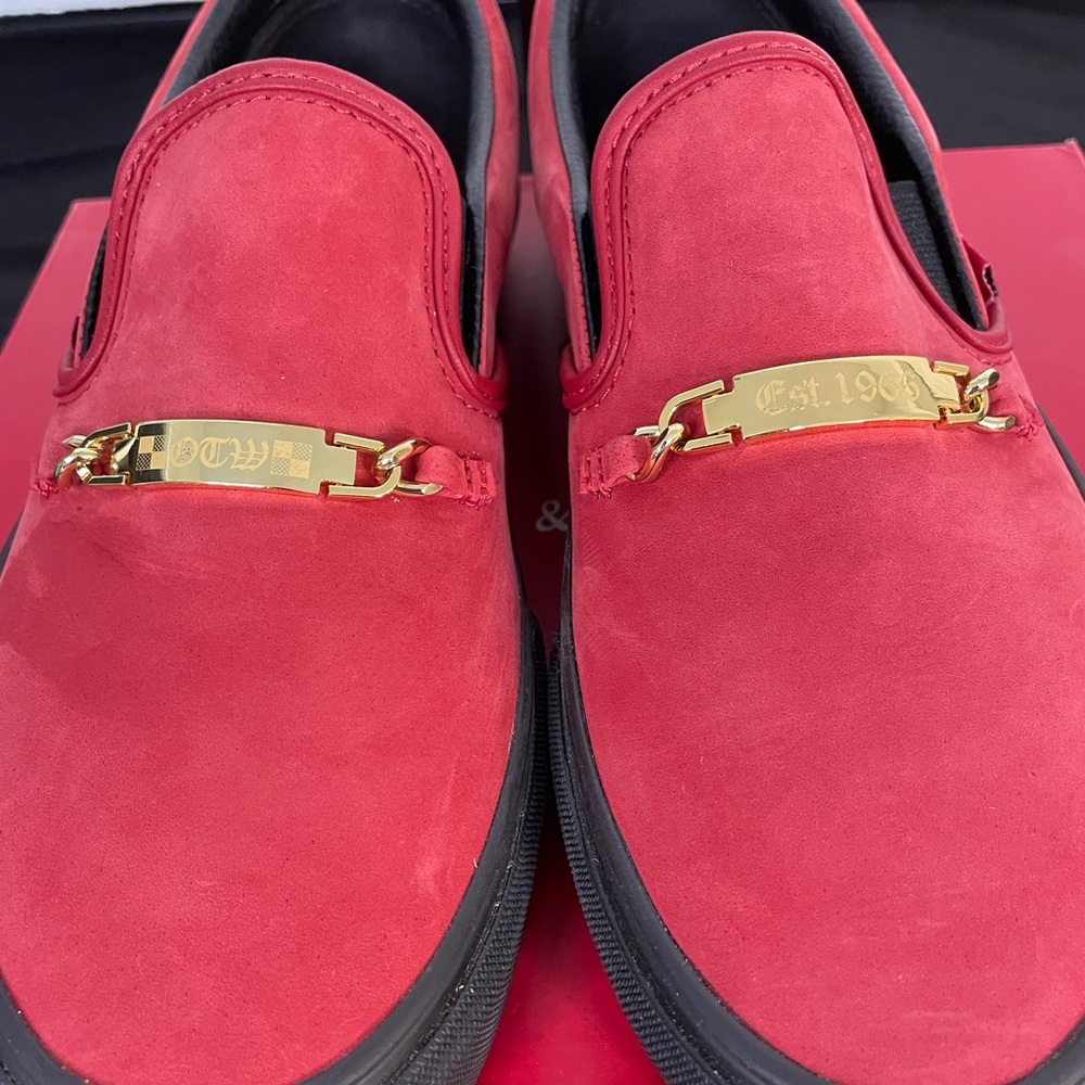Vans Red Suede Chili Pepper Slip-Ons with Gold Accents